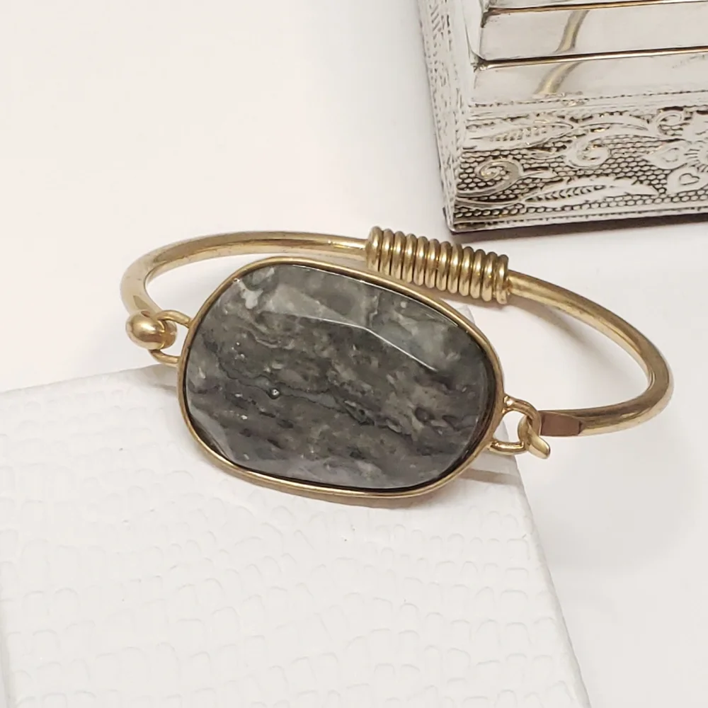 Gray Marble Cut Stone Gold Tone Bracelet Statement Bracelet